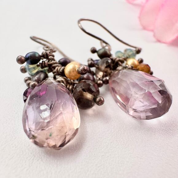 Amethyst Pearl Mixed Gemstone Silver Cha Cha Dangle Earrings Tested Boho Fun - Picture 2 of 10
